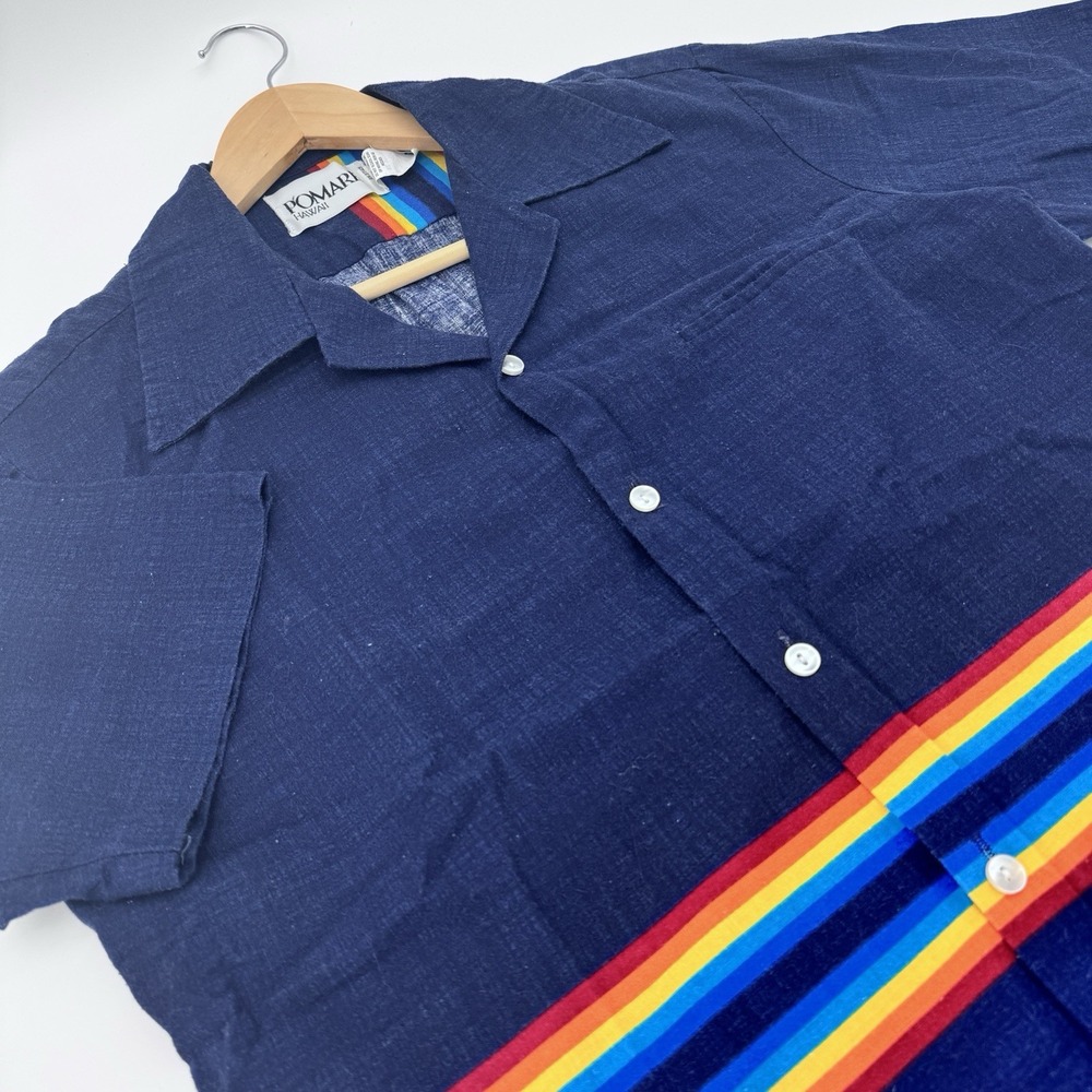 VTG Mens Medium Pomare Hawaii Rainbow Stripe Hawaiian‎ Short Sleeve Navy